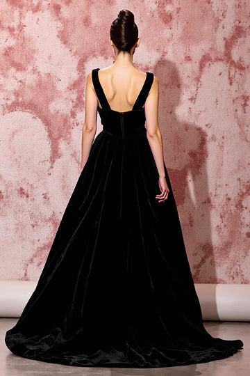 A Line Black Velvet V-Neck Long Evening Dress